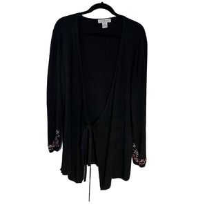 VTG Silk Assets Black Cardigan Size Large Tie Floral Embroidery w Beads EUC